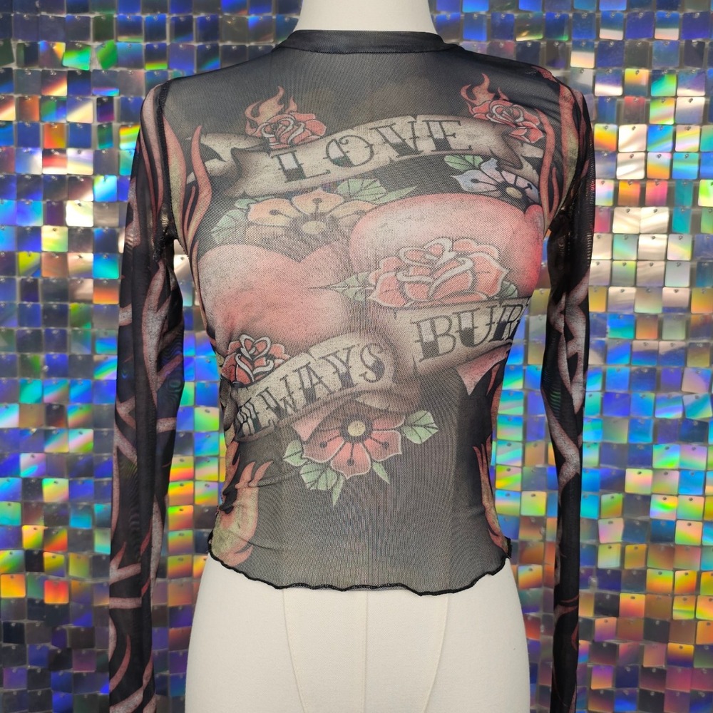 RSQ Extra Small Black Mesh Tattoo Print Long Sleeve Top